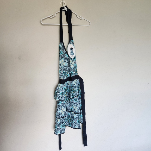 Simply Envogue Sweet Whisper retro blue black floral shape prnt Ruffle apron NWT - Picture 3 of 11